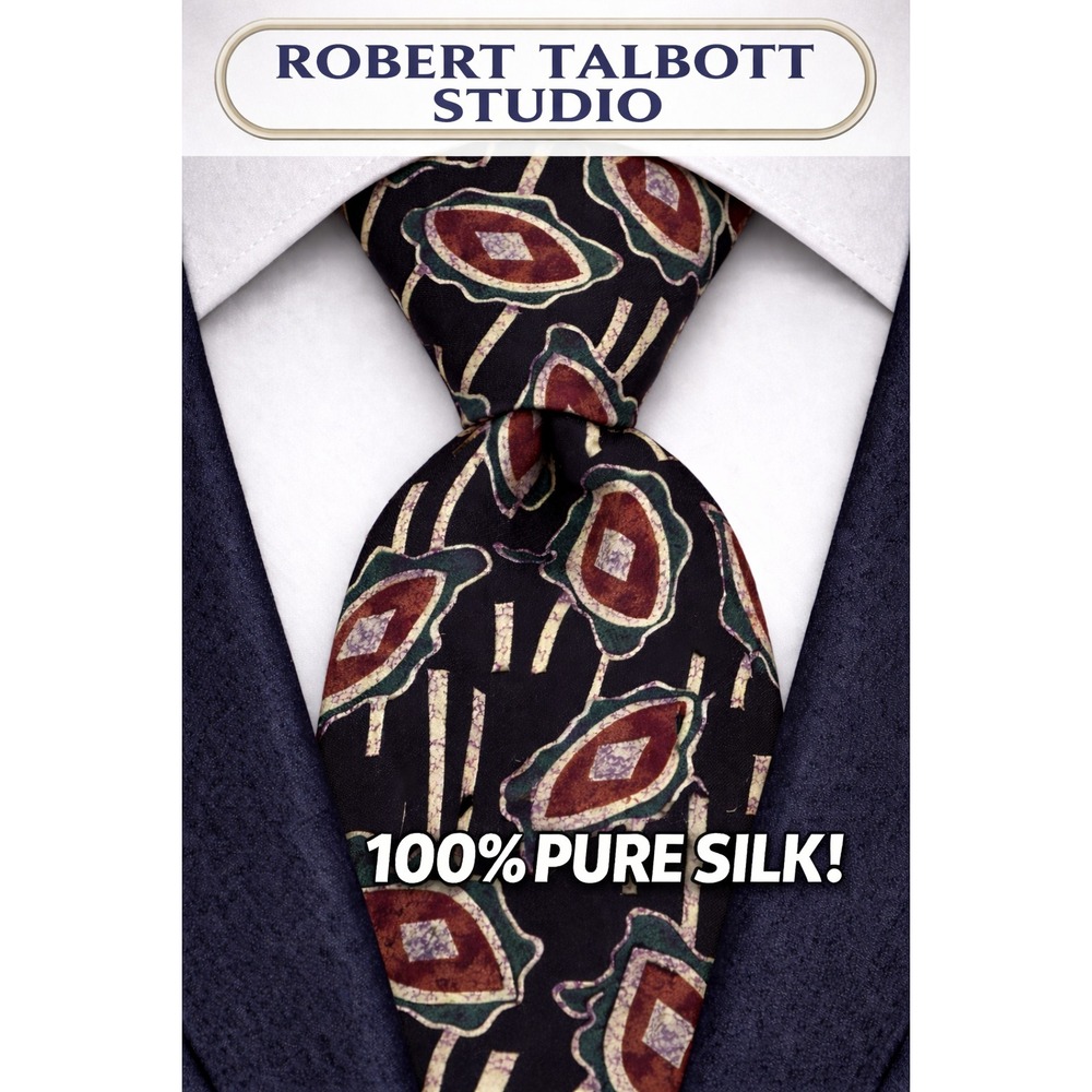 Talbott Studio Tie Mens One Size Black Hand-Sewn Silk Abstract Print Made In USA